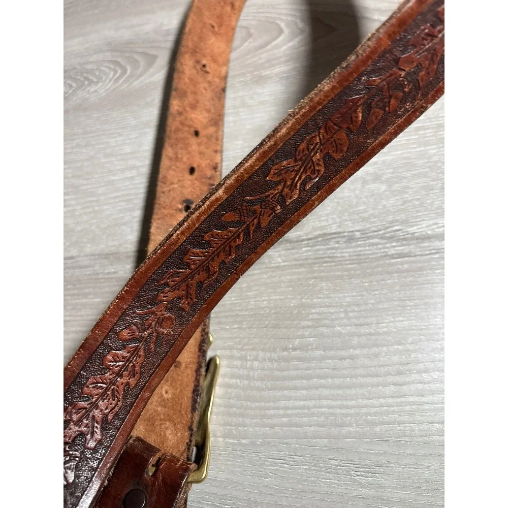 Vintage Leather Armadillo Buckle Belt Embossed Floral Western Boho 45 Inch Brass